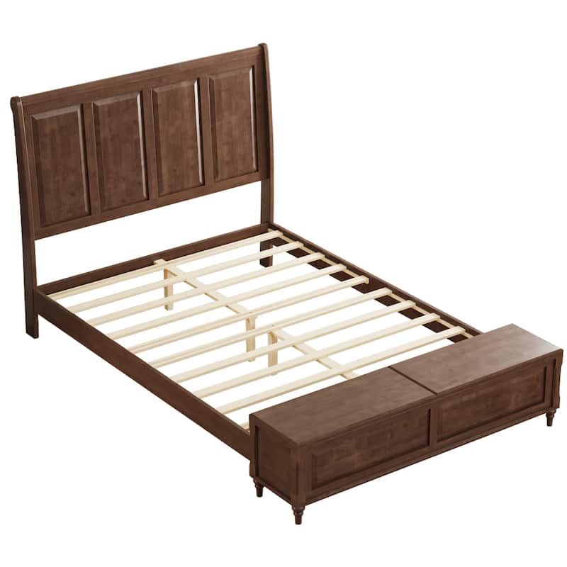 GDFStudio - Traditional Solid Wood Sleigh Bed Frame with High Paneled Headboard & Storage Chest Bench, No Box Spring Needed