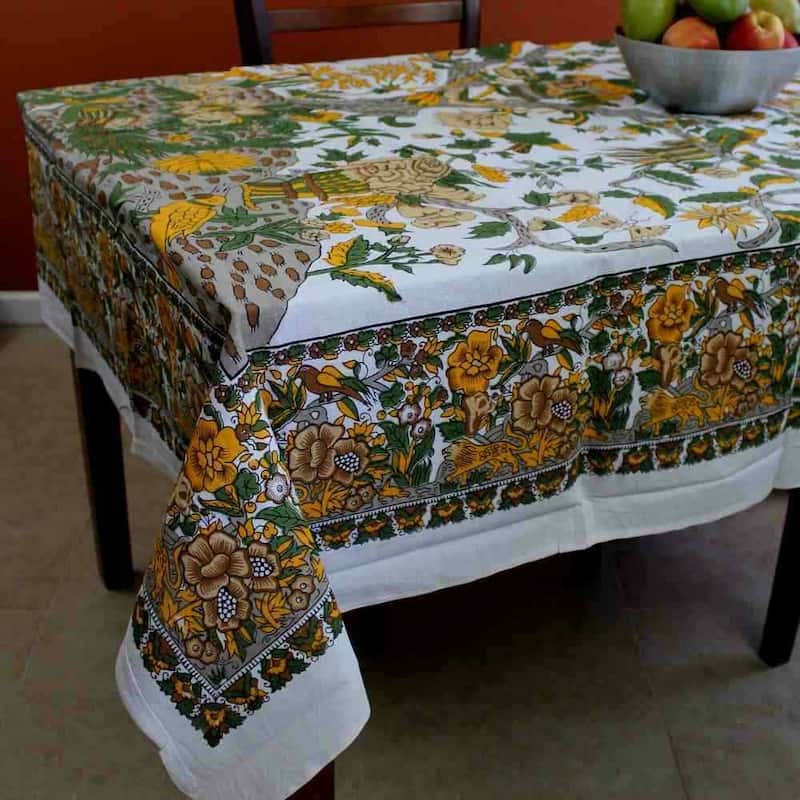 Vibrant Cotton Floral Tree Of Life Tablecloth Collection - 72 x 72 in - Gray and Yellow