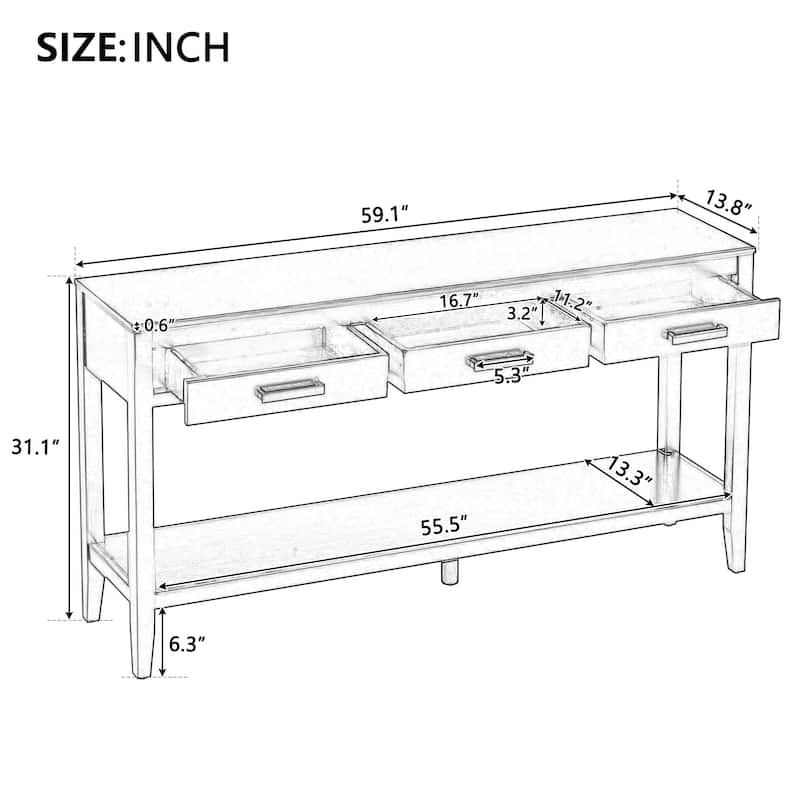 59.1'' Farmhouse Entryway Console Table - 3 Drawers with Iron Handles & Bottom Shelf for Living Room, Hallway, Kitchen