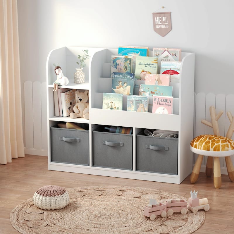 Kids Bookcase and Bookshelf, Multifunctional Bookcase with 3 Collapsible Fabric Drawers, Display Stand, Toy Storage Organizer