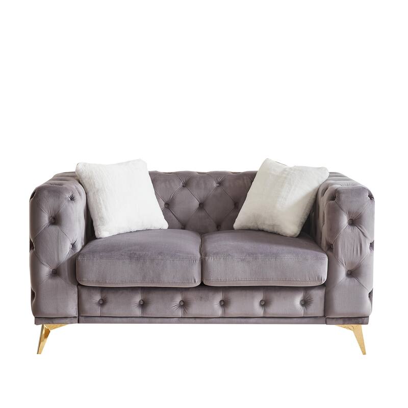 Velvet Chesterfield Loveseat Sofa, Tufted Button Upholstered 2 Seater Sofa, Lounge Sofa Chair with 2 Pillows & Metal Legs
