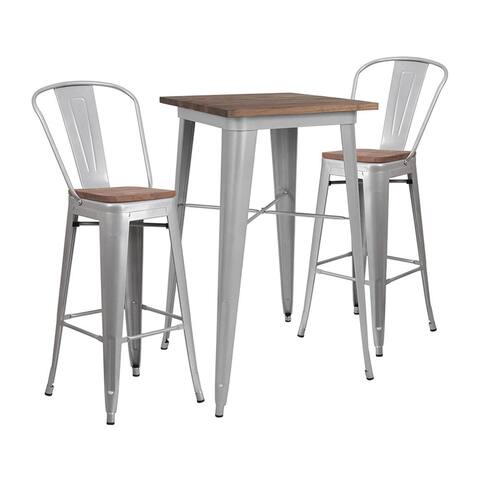 Offex 23.5" Square Silver Metal Bar Table Set with Wood Top and 2 Stools