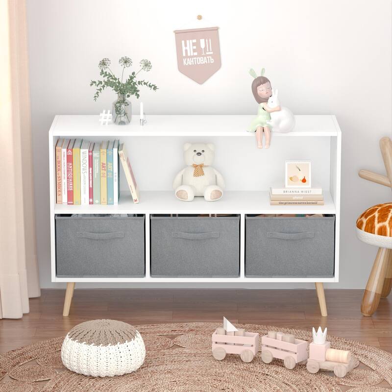 Anmytek White/Gray Kids Storage Organizer with Fabric Drawers White Bookcase Toy Display Shelf