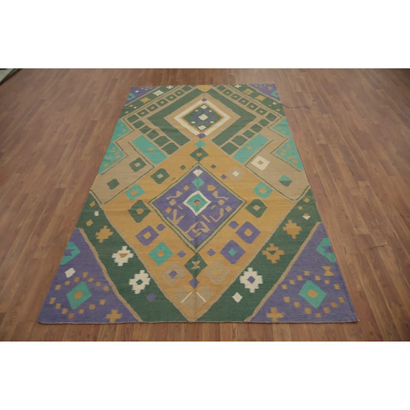 Hand Woven Oriental 100% Wool Carpet Southwestern Modern Green Kilim Area Rug - 9' 1'' X 5' 1''