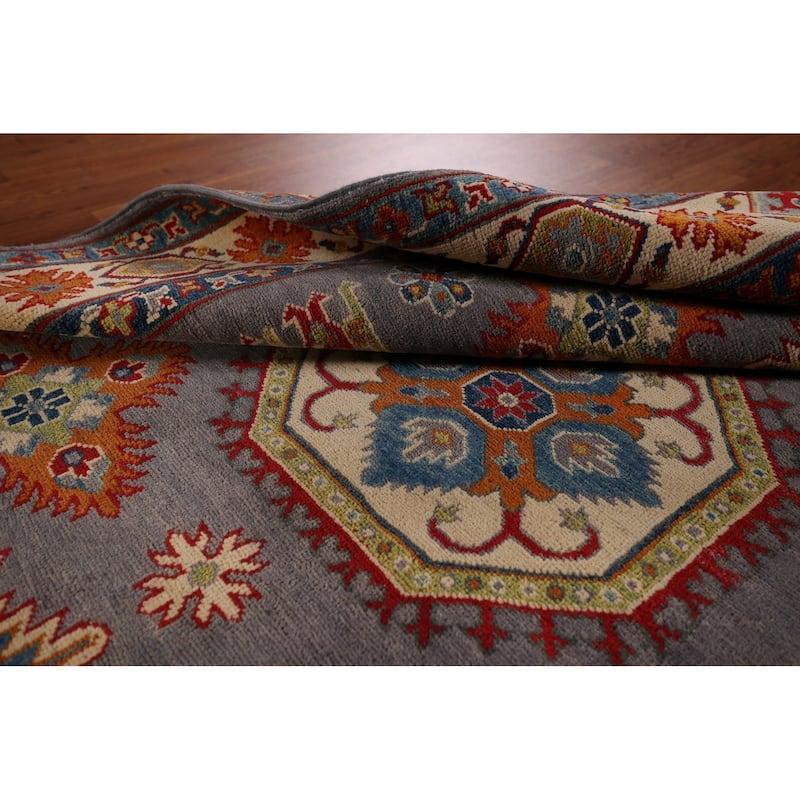 Gray Geometric Kazak Oriental Rug Living Room Handmade Wool Carpet - 4'9" x 6'9"