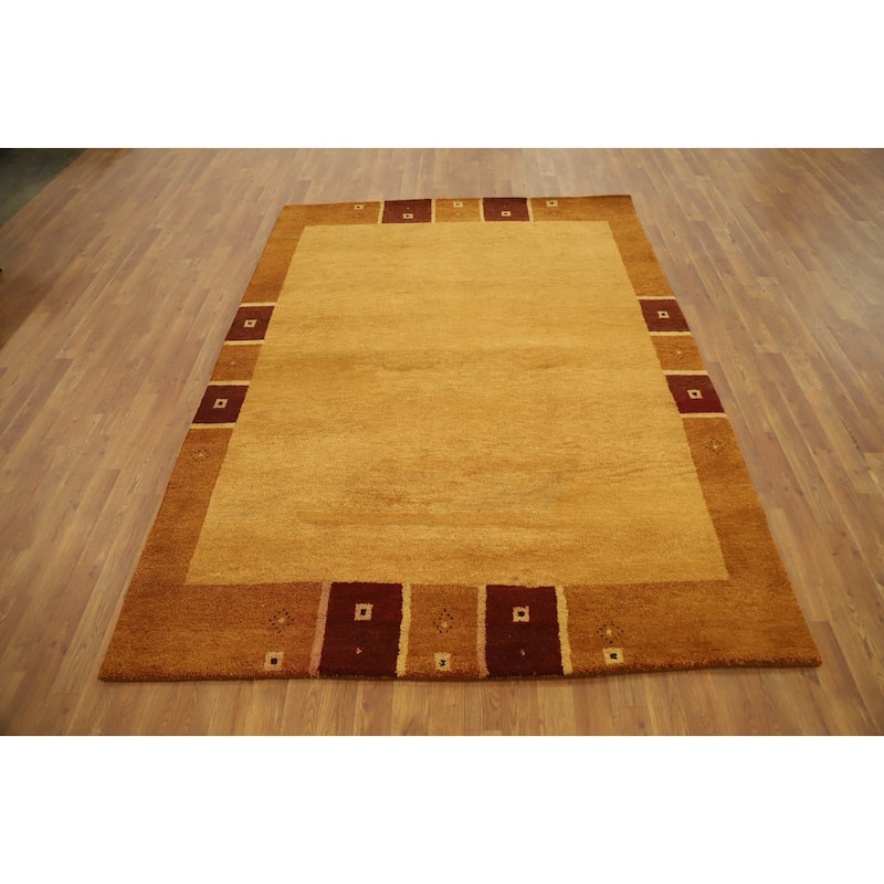 Hand Knotted Oriental 100% Wool Carpet Modern Geometric Yellow & Gold Gabbeh Area Rug - 7' 9'' X 5' 9''