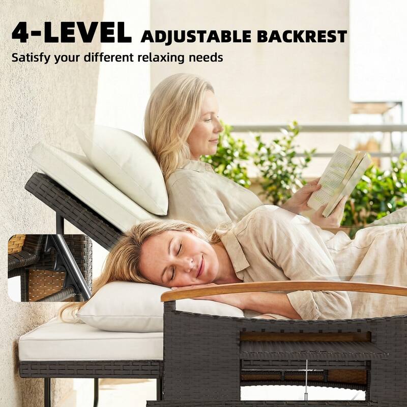Outsunny Rattan Outdoor Daybed w/4-Level Adjustable Backrest, Patio Sofa Bed w/Loveseat, Storage Ottoman, Acacia Wood Armrest