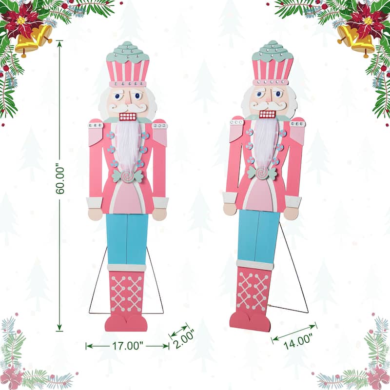 Glitzhome 60"H Christmas Wooden Pink Nutcracker Porch Decor - Blue