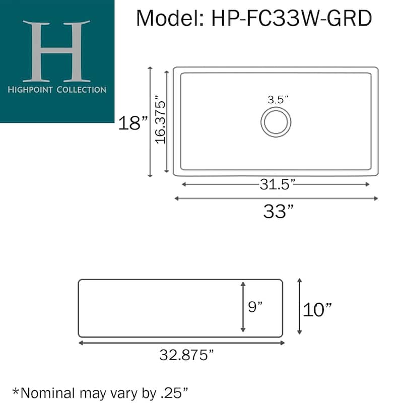 Highpoint Collection 33-inch White Single Bowl Fireclay Farmhouse Sink with Accessories - 33" x 18" x 10"