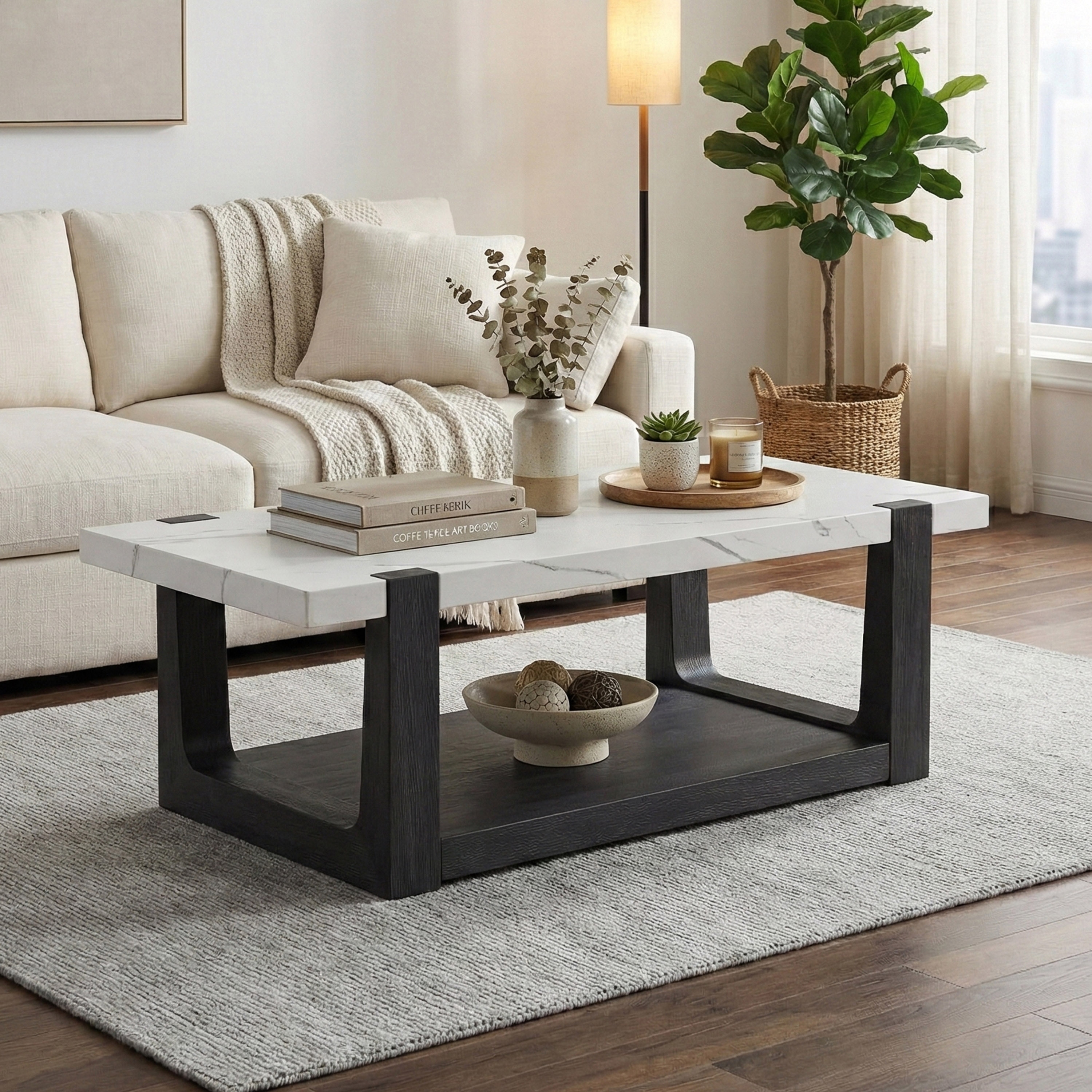 Furniture of America Wynel Modern 48-inch 1-Shelf Faux Marble Top Coffee Table