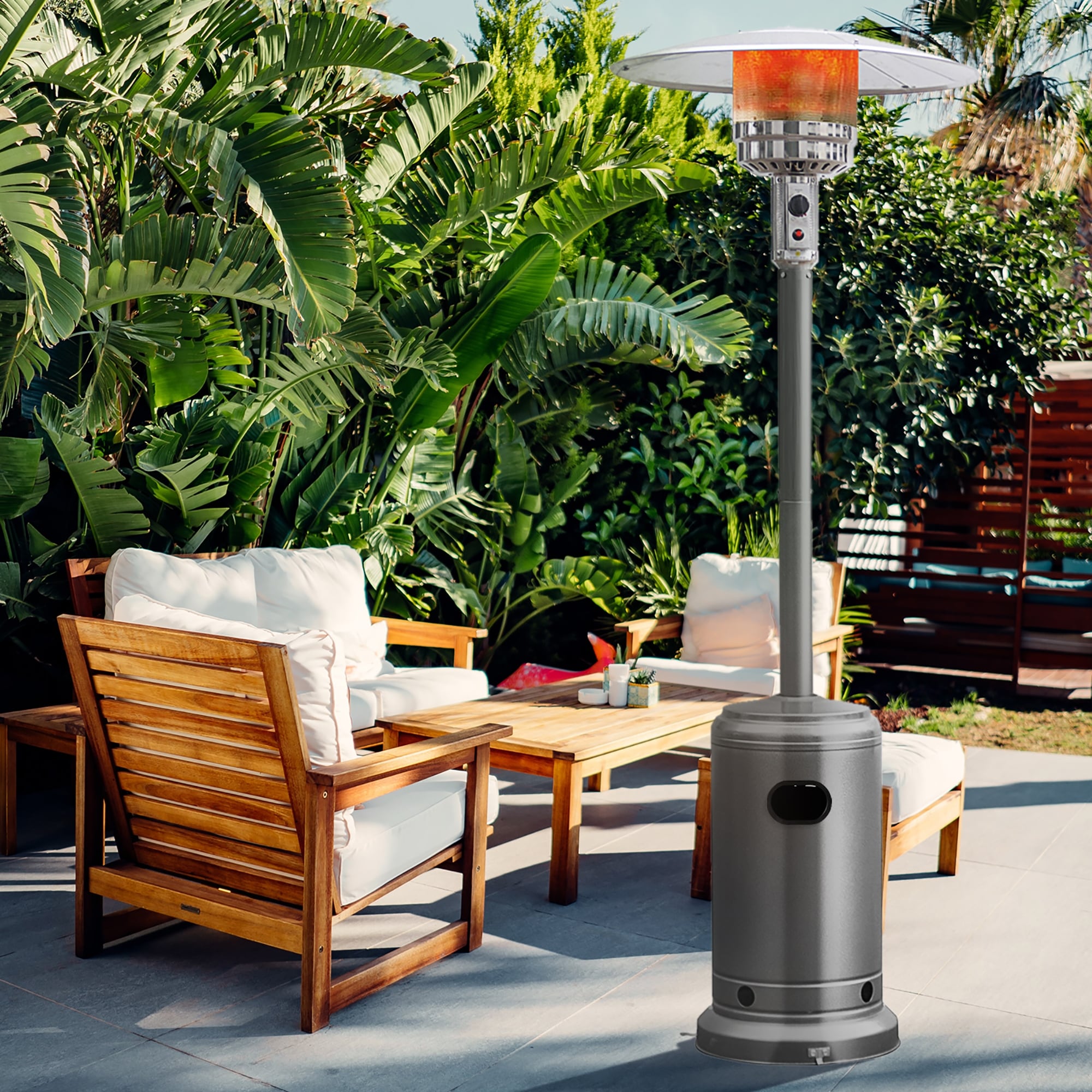 gas patio heater umbrella SUNHEAT Portable Propane with Drink Table, Golden Hammered 000 BTUs of heat out over an 18 feet diameter allowing you to extend your outdoor living area to be used year round 48000 Btu Outdoor Heater Rental