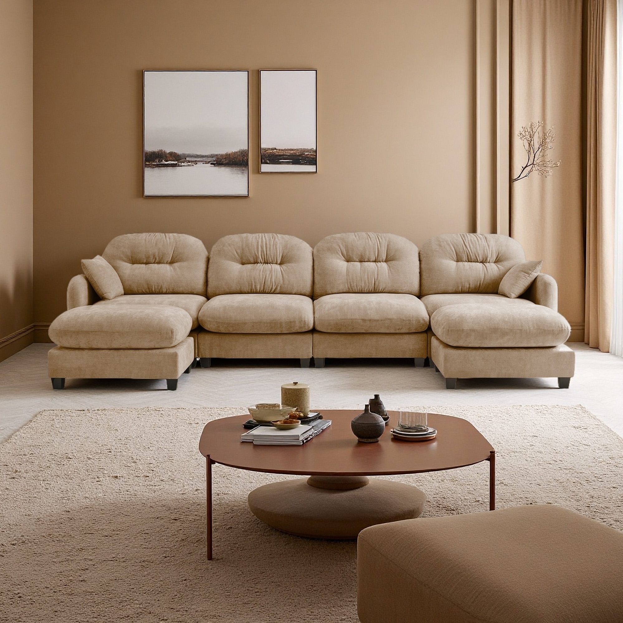 140" Chenille Modular U-Shaped Sectional Sofa with Ottoman & Tufted Backrest