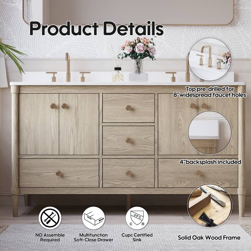 34''H Solid Wood Bathroom Vanity With Carrera White Quartz Top and Sink