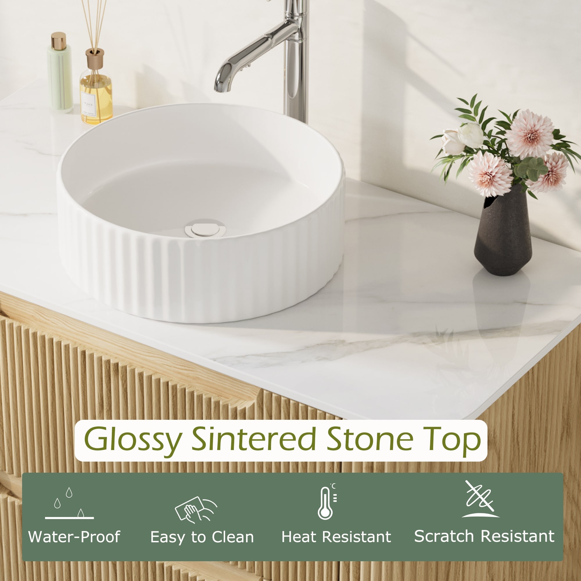36 Floating Bathroom Vanities with Single Sink,Natural Wood Texture