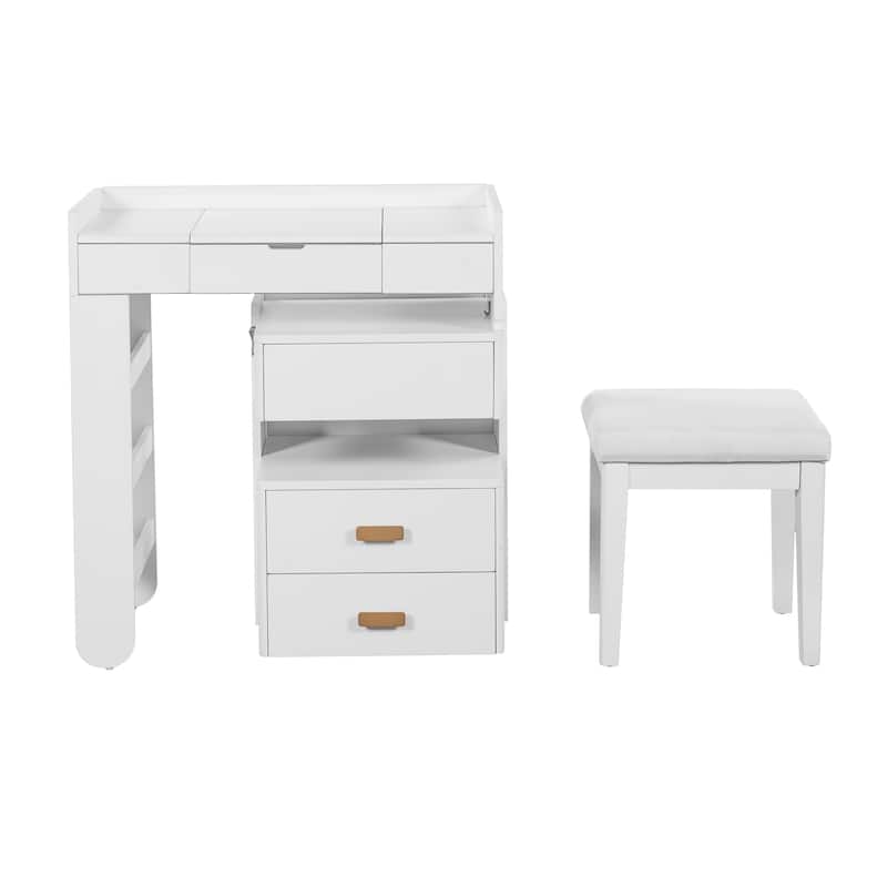 3-in-1 Makeup Vanity Desk with Stool, Flip-Top Mirror, Adjustable 3 Colors Lighting & Retractable Side Cabinet