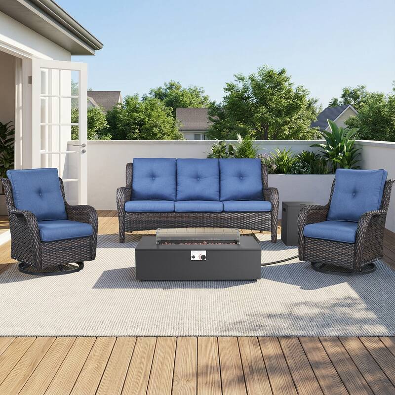 Pocassy Patio 5/7 Piece Sofa Swivel Chair Ottoman with Fire Pit Table - Brown Wicker Blue Cushion - 5-Piece Sofa Swivel Chair with Fire Pit Table