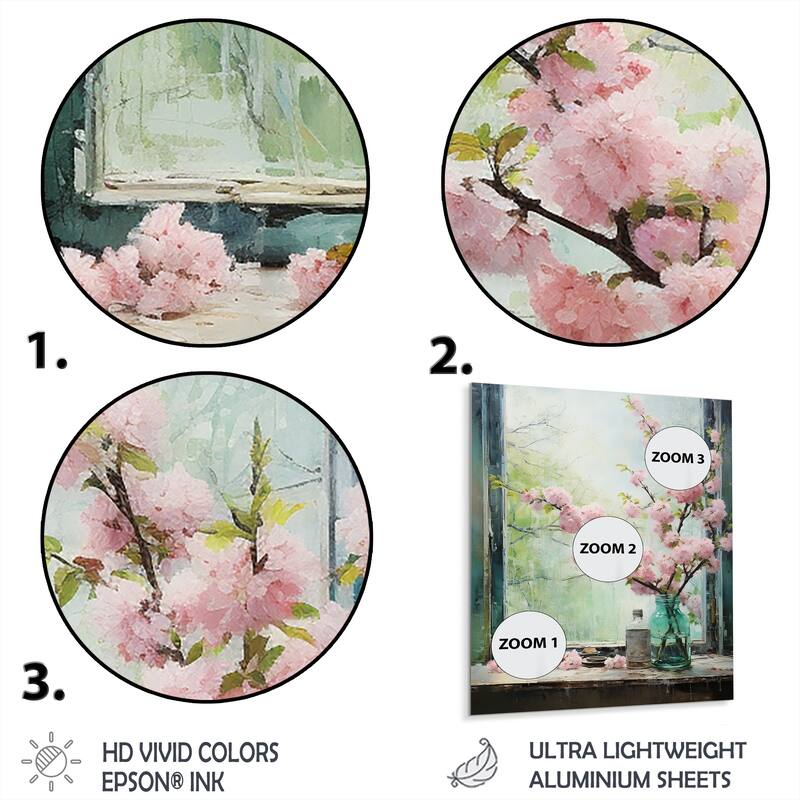 Designart "Japan Pink Flowers Tree Window View" Japan Metal Wall Art - Pink Metal Wall Décor Traditional Metal Art Work