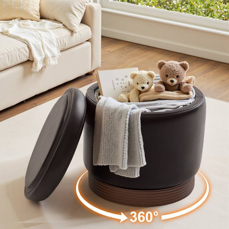 Round Swivel Storage Ottoman Footstool with Flip-top and Acacia Frame