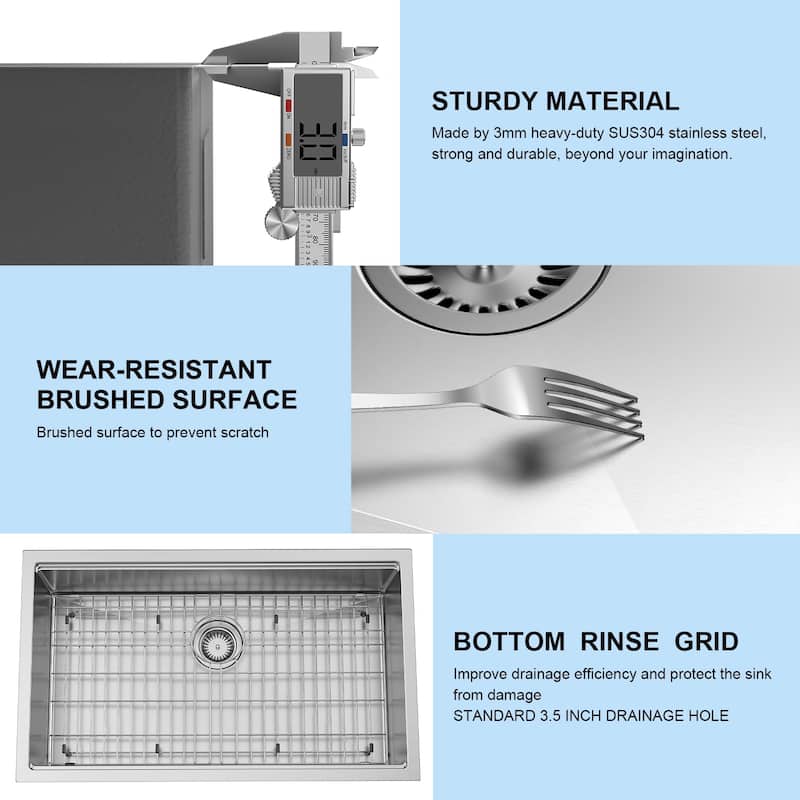 Mega Casa 32'' Undermount Single Bowl Workstation Handmade Sink, Stainless Steel Kitchen Sink with Workstation, Sliver