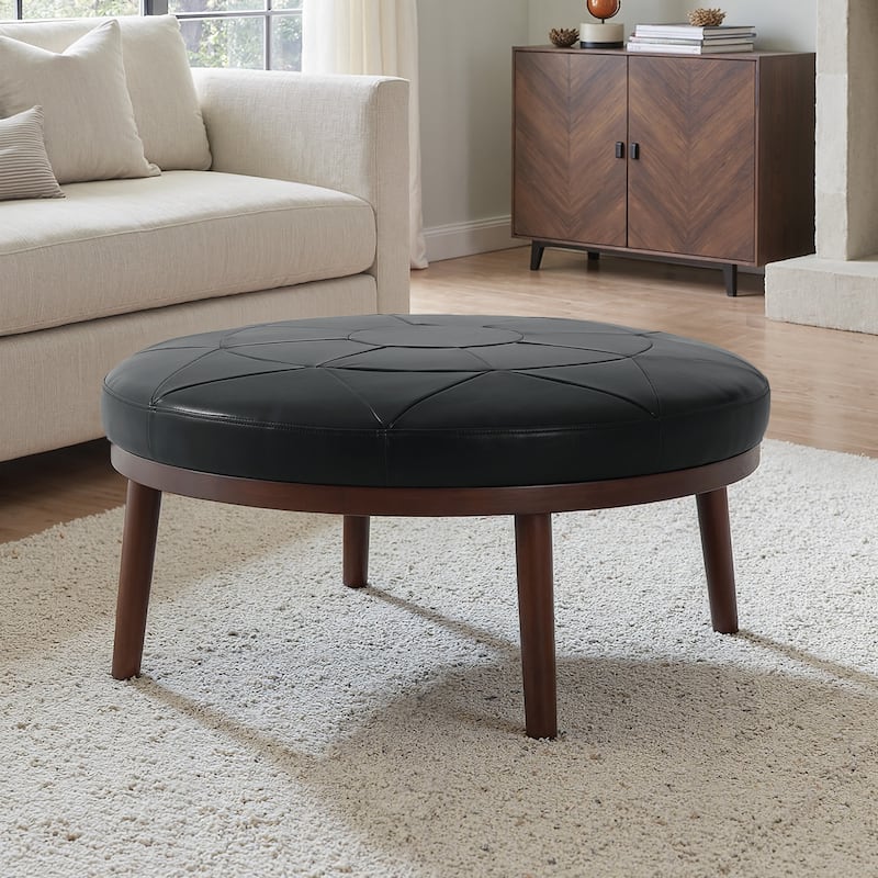 UIXE Full Grain Genuine Italian Leather Round Ottoman Modern Oversize Side Tble