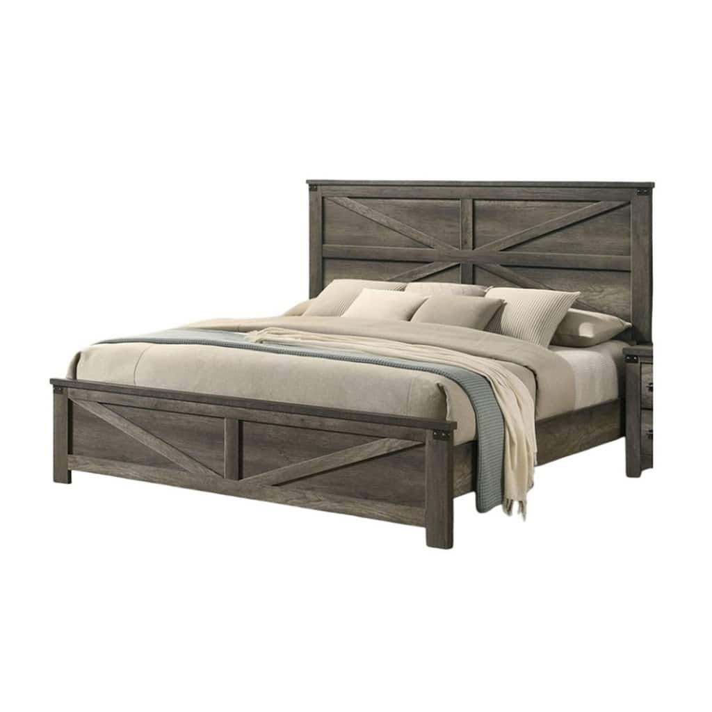 Bry King Size Bed w Chevron Panel Headboard, Rustic Gray Wood Frame