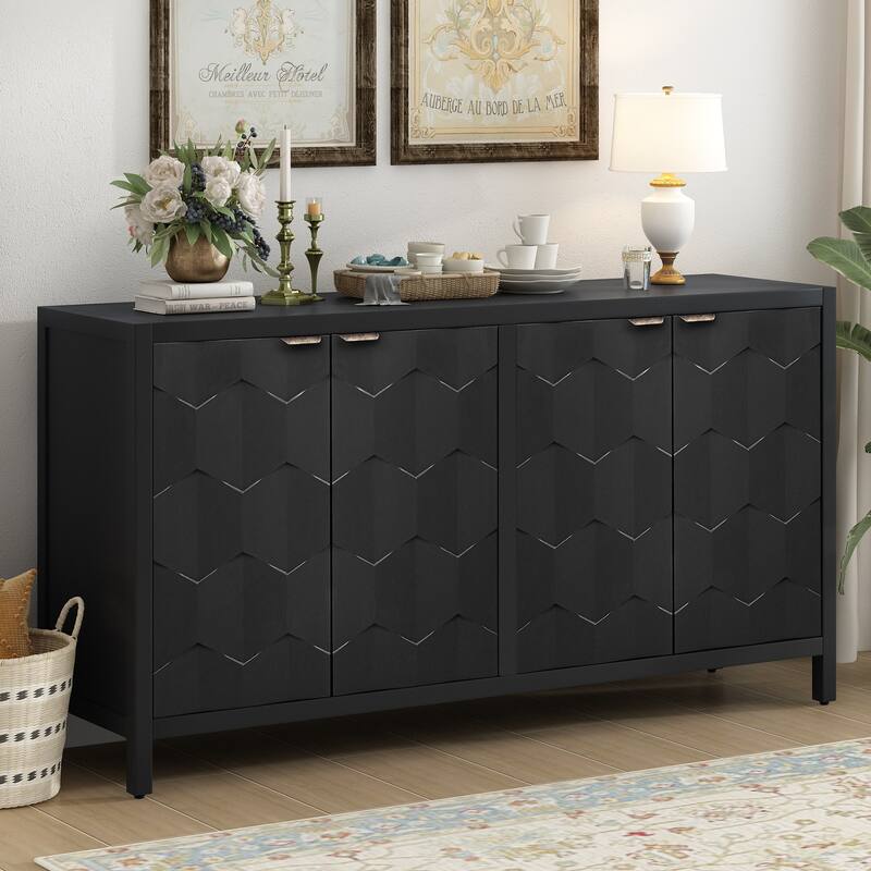 4-Door Console Sideboard with Metal Handles for Living Room or Entryway Storage Solutions - Black