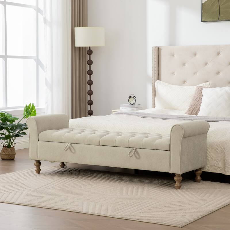 65.7"W Tufted Upholstered Storage Bench With Double Lids,Rubberwood Legs - Griege
