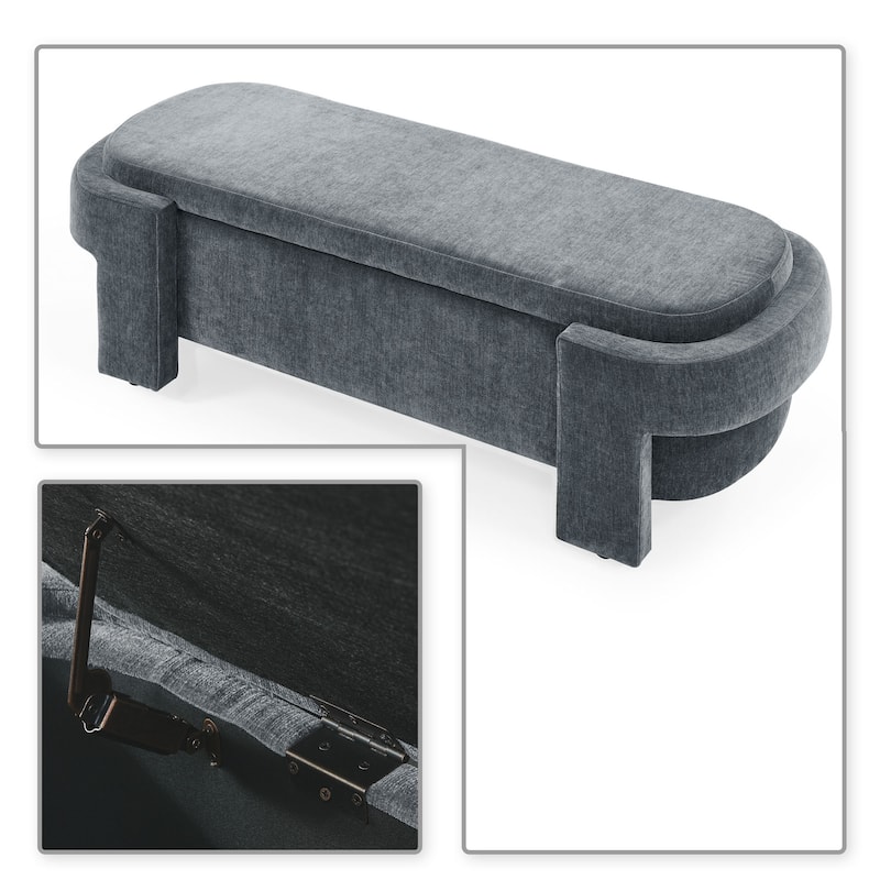 French Minimalist Fabric Upholstered Storage Bench with Four Upholstered Legs