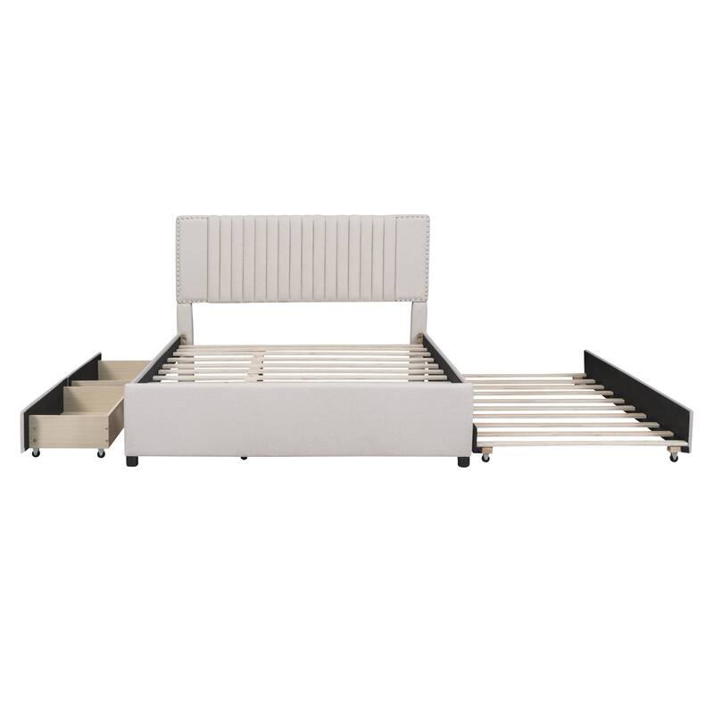 Queen Size Upholstered Platform Bed with 2 Drawers and 1 Twin XL Trundle