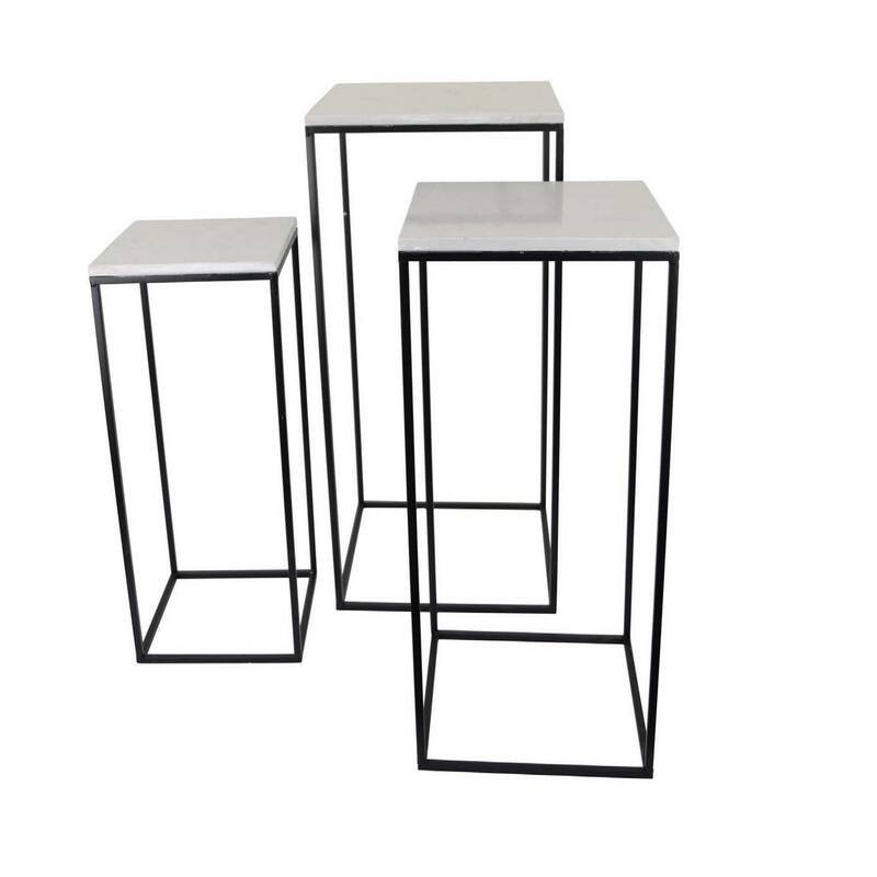 Plant Stand Table Set of 3, Black Metal, Square White Marble Top