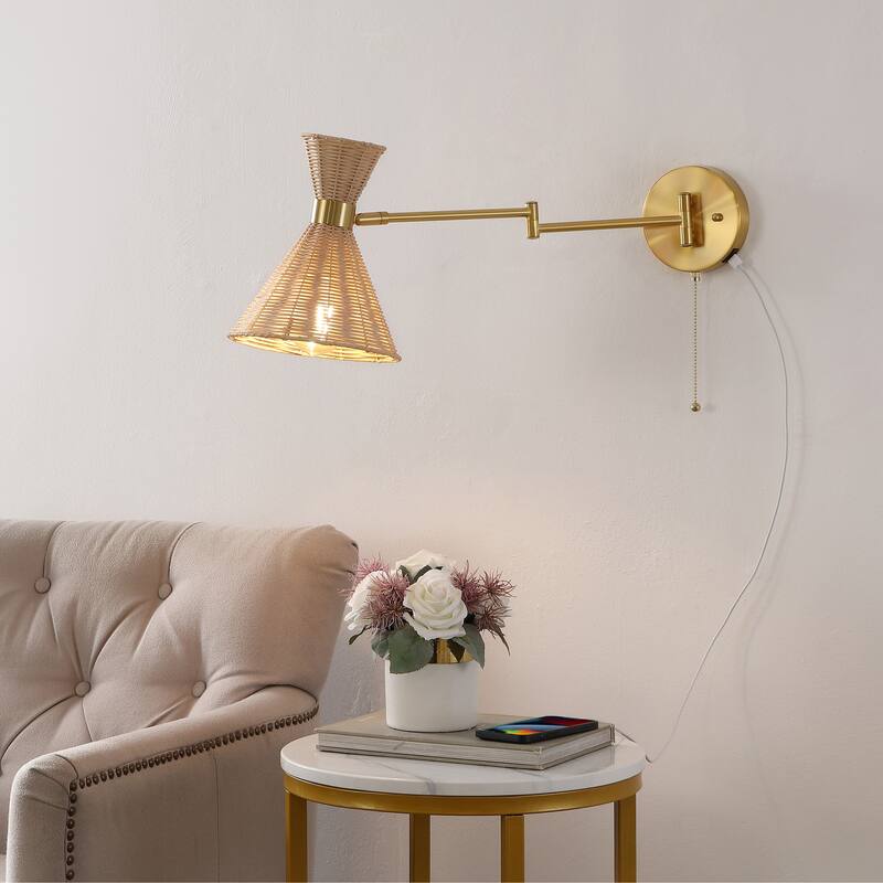 Lyla 25" 1-Light Mid-Century Vintage Retro Rattan/Metal USB Charging Swing Arm LED Sconce with Pull Chain, by JONATHAN Y