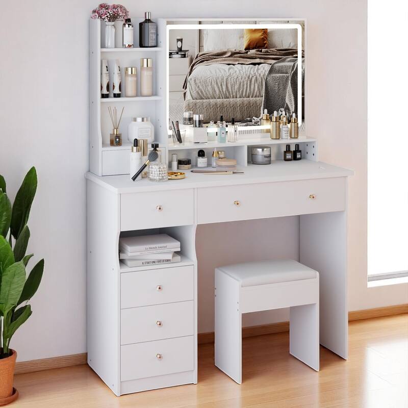 Modern Makeup Vanity Table with 27"x20" Lighted Mirror, 41" Wide Desktop, Left Drawer and Stool, Ideal for Large Rooms