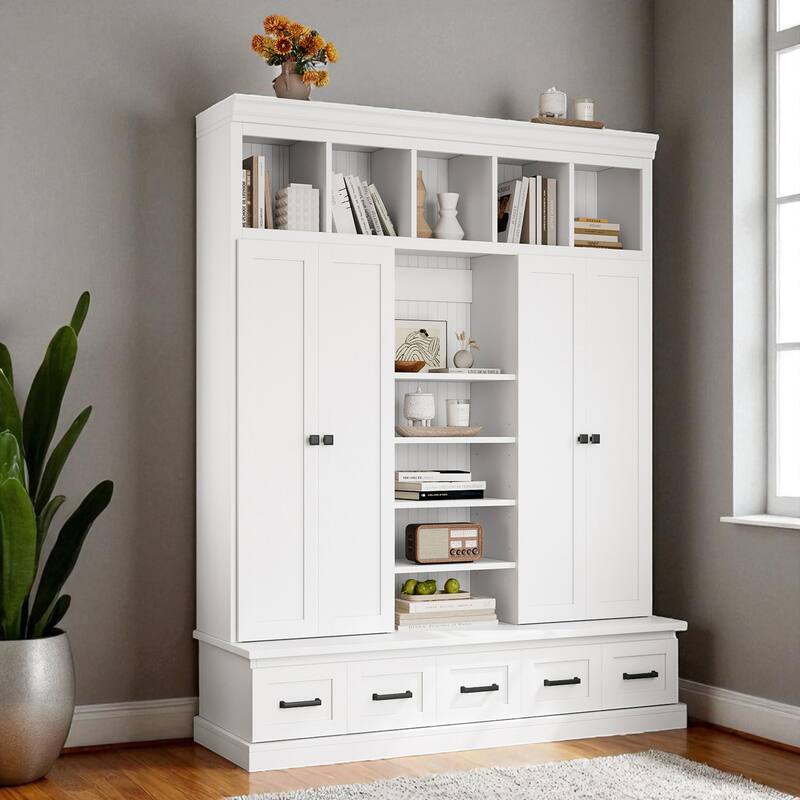 Modern Hall Tree with Bench, 5 Cubbies, 4 Doors & 5 Drawers, Adjustable Shelves, 62.4 x 19.7 x 78.7 in - White