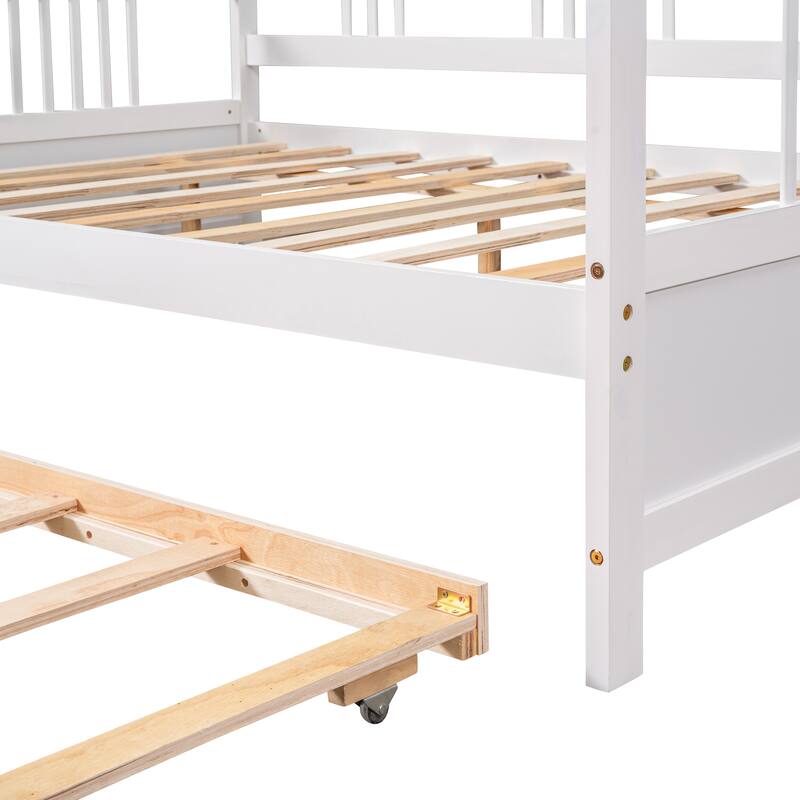 White Full Size Daybed with Twin Trundle, Solid Pine Wood Frame, Multi-Functional Furniture