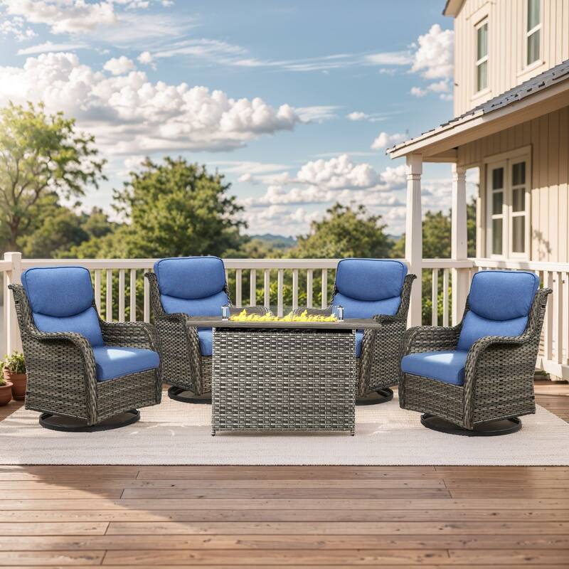 Outdoor Gliders Chairs with Fire Pit Table with 5-Inch Thick Cushions - Grey Rattan - Blue Cushion - 5PCS Swivel Chair w/ Rectangular Fire Table