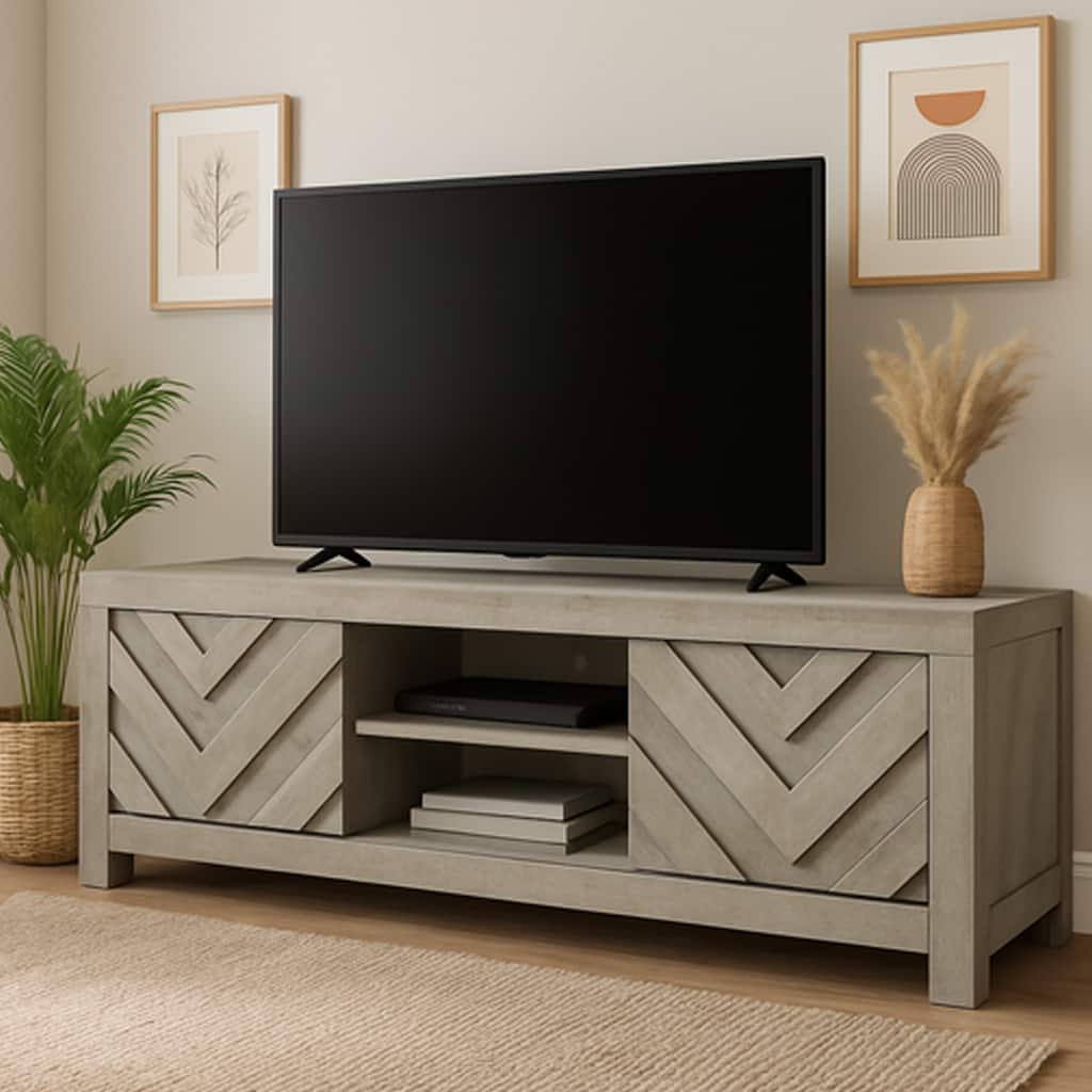 Velz TV Media Stand Console, 2 Chevron Doors, Open Shelves, Beige