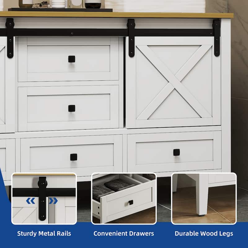 Moasis 60" Farmhouse Double Sink Bathroom Vanity Cabinet with Ceramic Sink Basin and Sliding-Door Cabinet & 5 Drawers