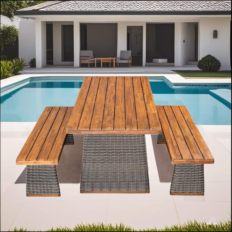 Christopher Knight Home - Rowan Outdoor Acacia Wood Dining Set with Handwoven Rattan Details and Slatted Tabletop