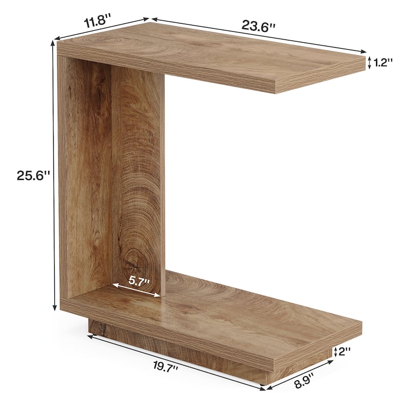C-Shaped Side Table, 2-Tier Narrow End Table Wood Bedside Table