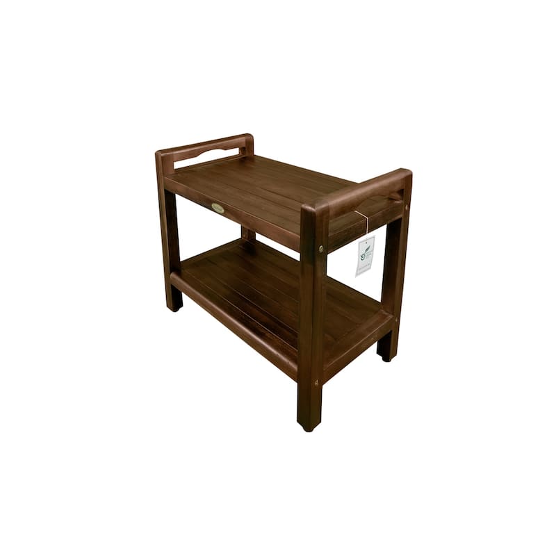 DecoTeak Eleganto 24 inch Extended Height Teak Shower Stool With LiftAide Arms And Shelf - WoodLand Brown Finish