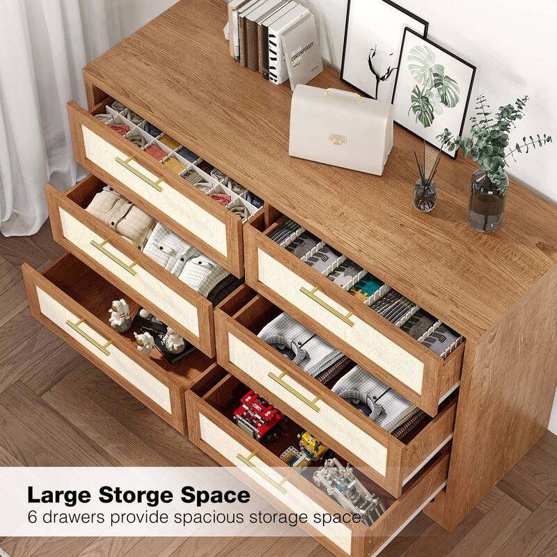 6 Drawers Dresser for Bedroom, Burlap Design Wood Drawer Dresser Chest of Drawers for Closet