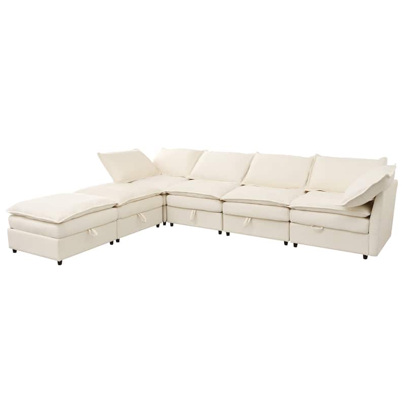 6-Piece Modular Sofa Bed 126" with Under-Seat Storage, Faux Cushions
