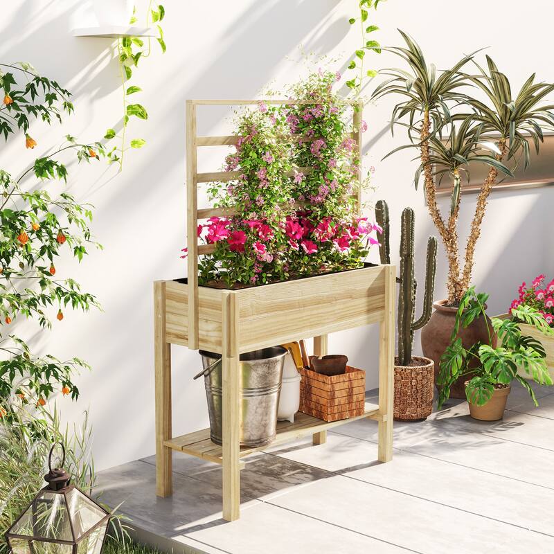 Outsunny Wooden Raised Garden Bed w/ Trellis, Elevated Planter Box w/ Storage Shelf, Drainage Holes & Liner, Outdoor Flower Box