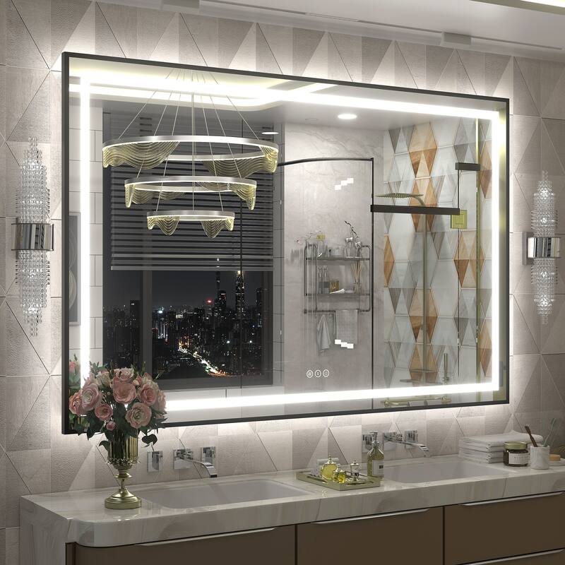 Black Metal Framed LED Front Light and Backlit Anti-Fog Wall Bathroom/ Vanity Mirror - 55" x 36"-Square Corner - Black