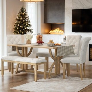 Retro 6-Piece Dining Table Set With 4 Upholstered Chairs &1 Bench for 6 ...