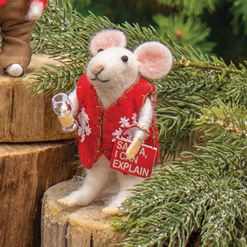 Santa I Can Explain Felted Mouse Ornament for Christmas Tree - 4.5" H x 2.25" W x 1.5" D