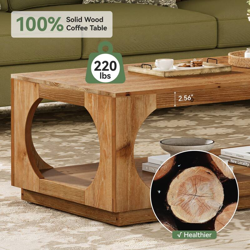 Rectangular Solid Wood Coffee Table with Storage for Living Room