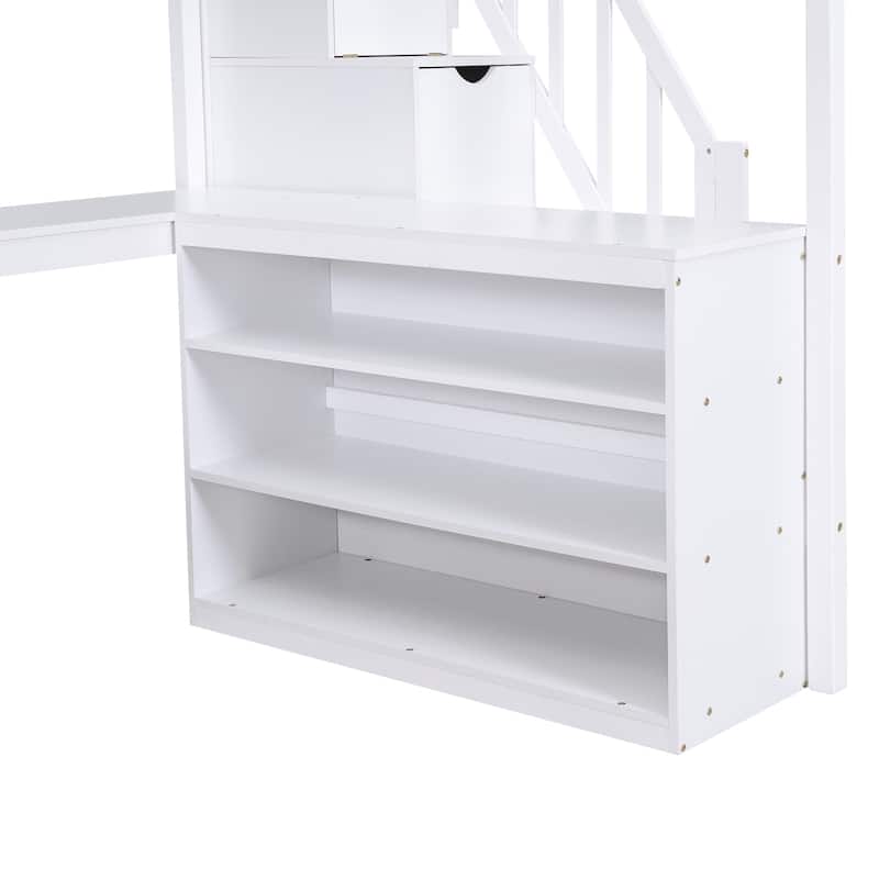 Roomfitters Full Loft Bed with L-Shaped Desk, Three-Tier Storage Shelves and Staircase Access