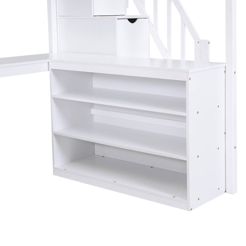 White Full Size Pine Wood Loft Bed with Built-in L-Shaped Desk and Three-Tier Storage Shelves, and Attached Storage Staircase