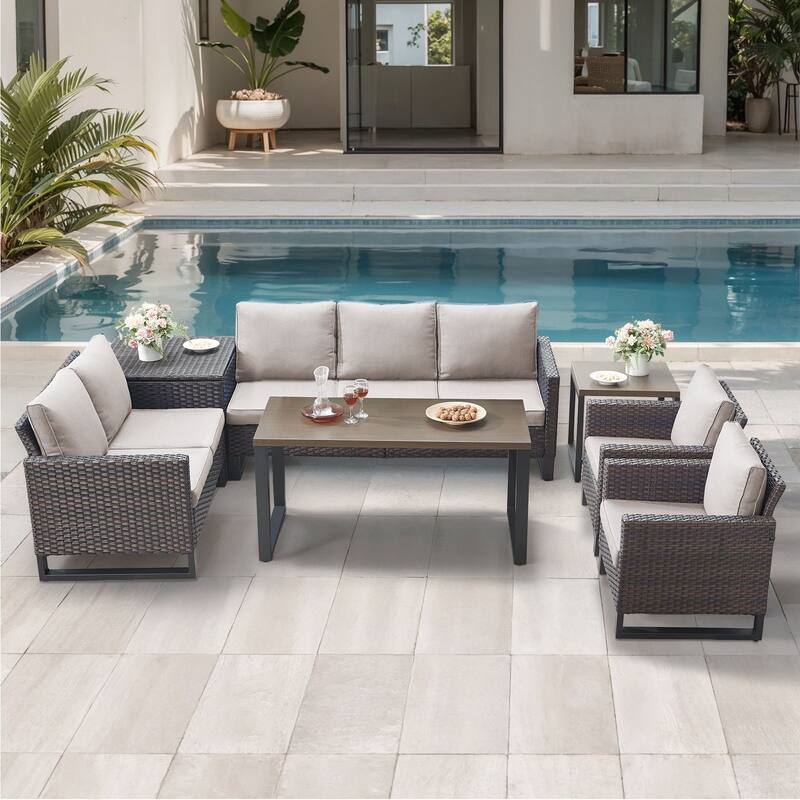 Gymojoy 7 Person All-Weather Wicker Outdoor Conversation Set Seating Group With lounge Chairs And Coffee Table - Brown Wicker / Beige Cusion - 7-Piece